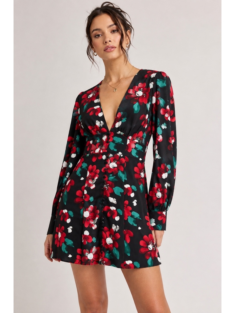 Urban Outfitters Michelle Floral Plunging V Neck Long Sleeve Mini Dress M
